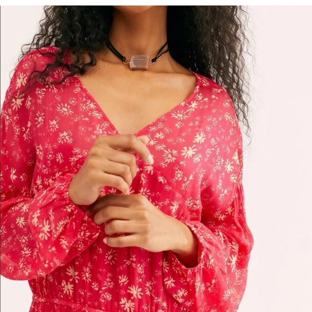 Free People Wallflower Tiered Midi Raspberry Red & Cream Floral Dress Sz M